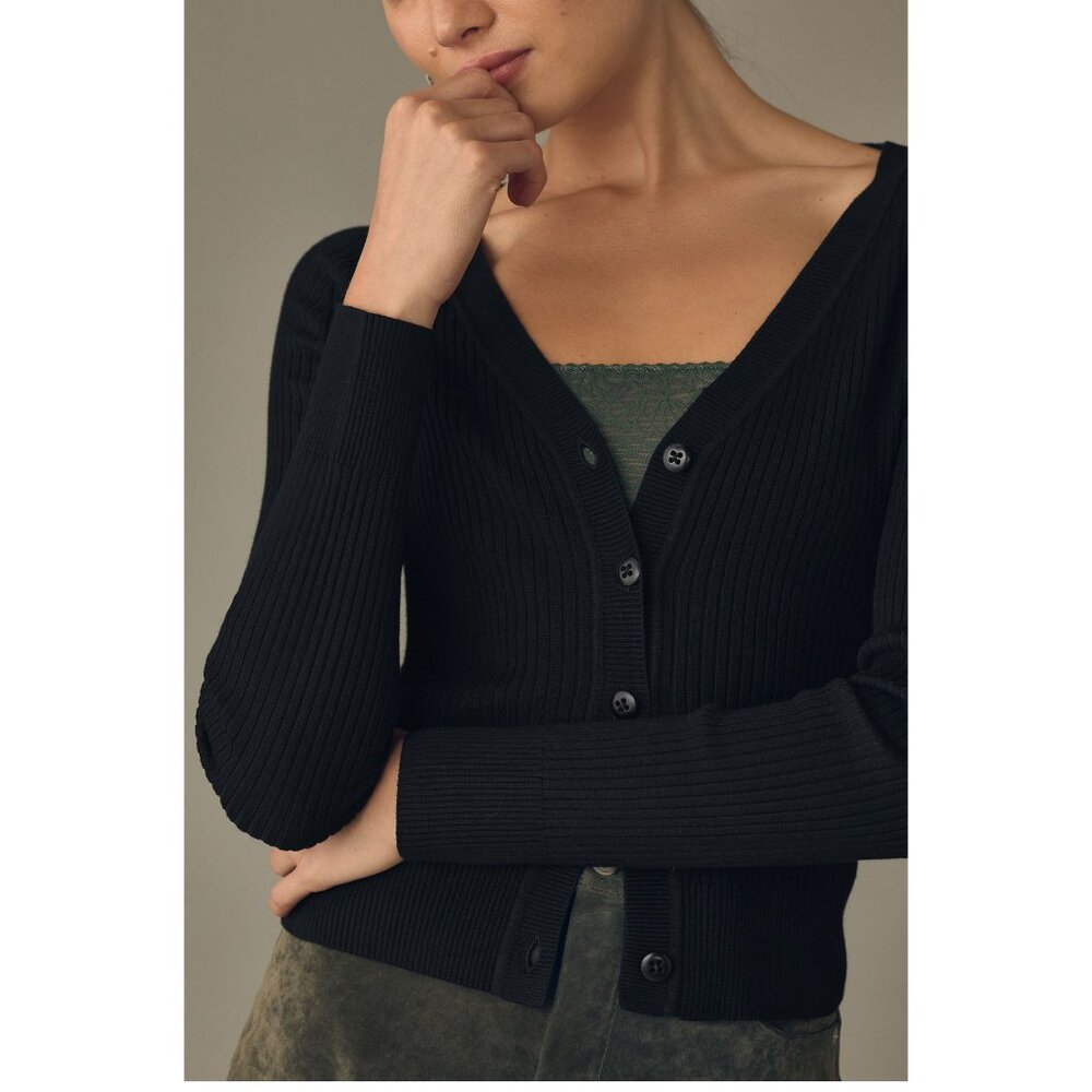 Anthropologie Maeve Striped Slim Rib Cardigan Sweater Black L